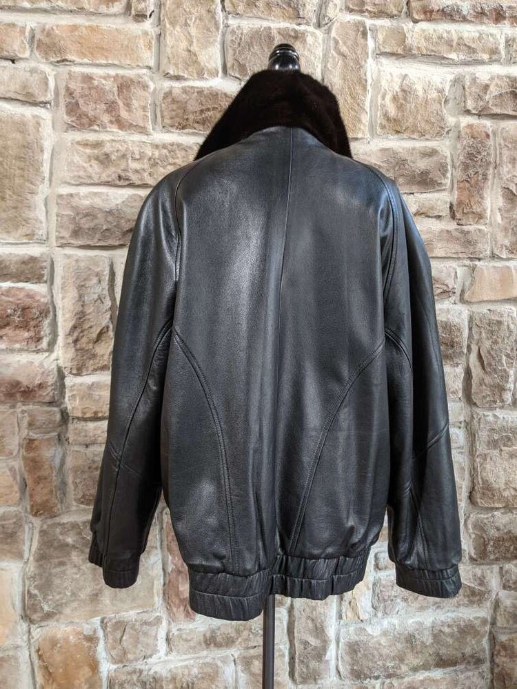 Black Reversible Mink to Leather Bomber Jacket, Size M