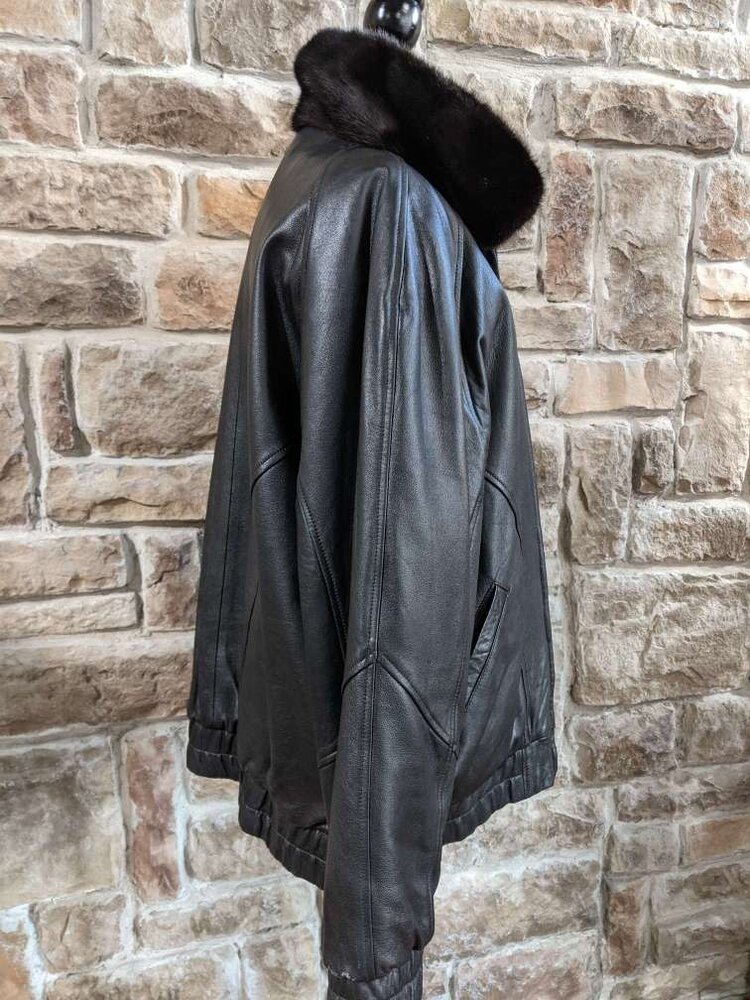 Black Reversible Mink to Leather Bomber Jacket, Size M