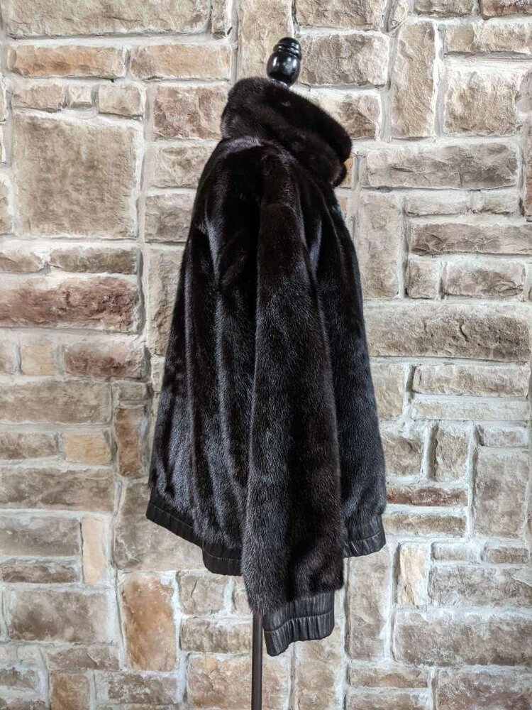 Black Reversible Mink to Leather Bomber Jacket, Size M