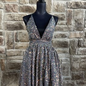 Luxxel Gray Fuzzy Sequin Skater Dress