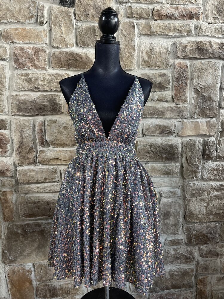 Luxxel Gray Fuzzy Sequin Skater Dress