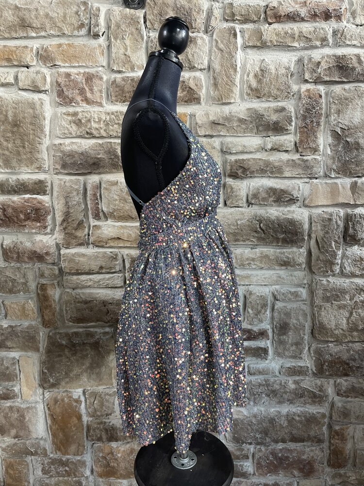 Luxxel Gray Fuzzy Sequin Skater Dress