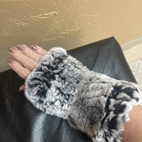 Black and White Knitted Rabbit Wrist Fingerless Gloves, O/S