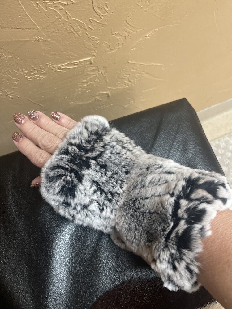 Black and White Knitted Rabbit Wrist Fingerless Gloves, O/S