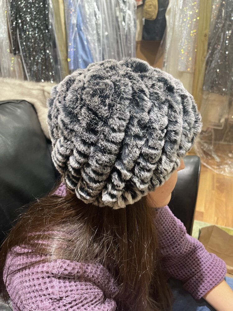 Black and Gray Knitted Rabbit Beanie Hat, O/S