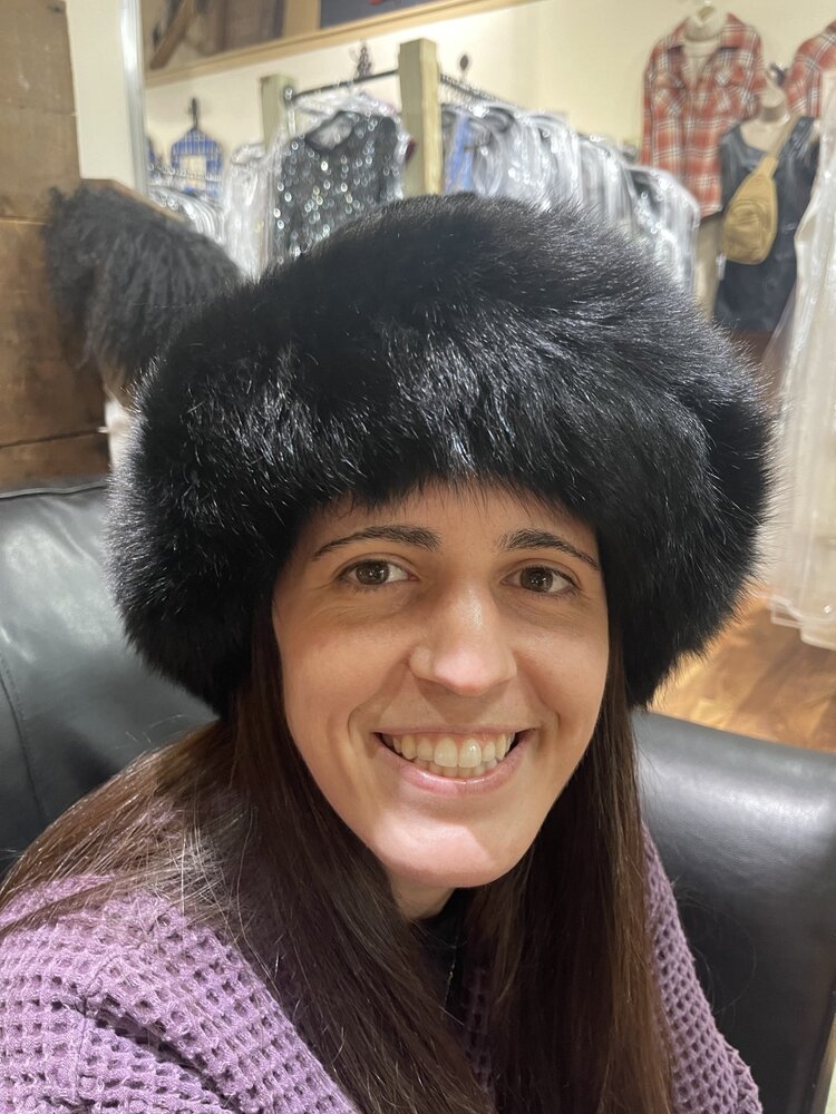 Black Knitted Rabbit Hat with Fox Fur Trim, O/S