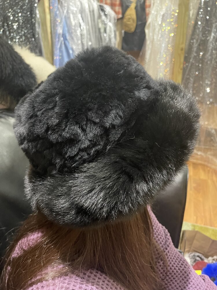 Black Knitted Rabbit Hat with Fox Fur Trim, O/S