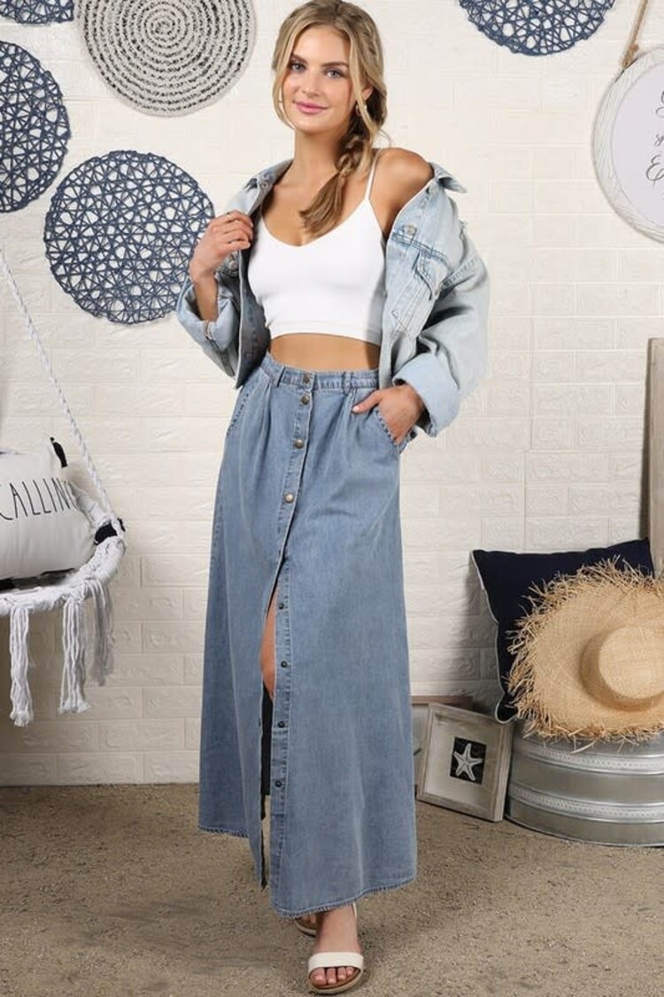 Blue Denim High Waist Button Up Maxi Skirt