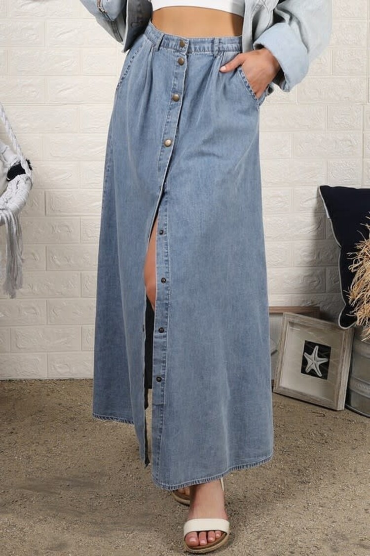 Blue Denim High Waist Button Up Maxi Skirt