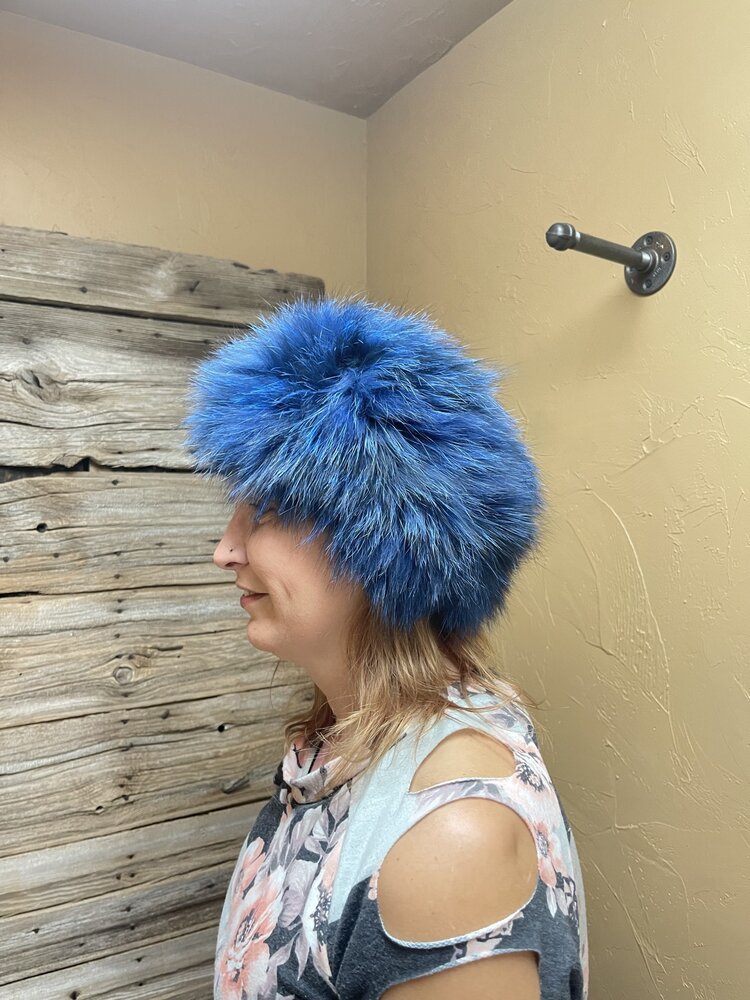 Blue Knitted Fox Fur Headband, O/S