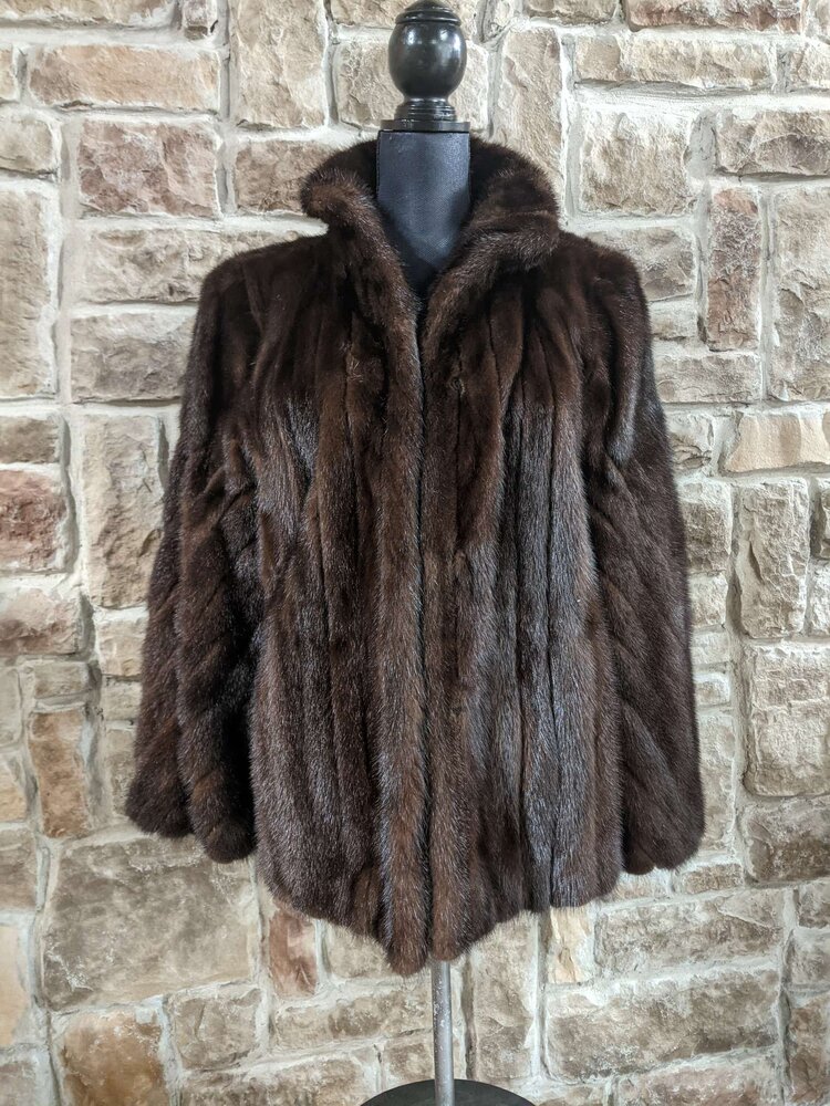 Dark Ranch Mink Jacket With Diagonal Stripe Sleeves, Size L