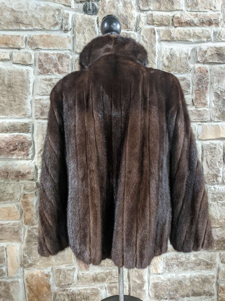 Dark Ranch Mink Jacket With Diagonal Stripe Sleeves, Size L