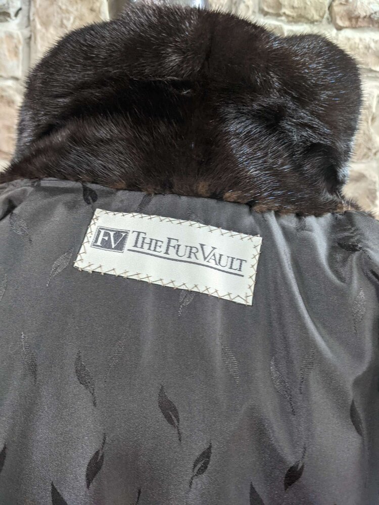 Very Dark Brown Ranch Mink Coat With Notched Lapel and Half Belt, Size M