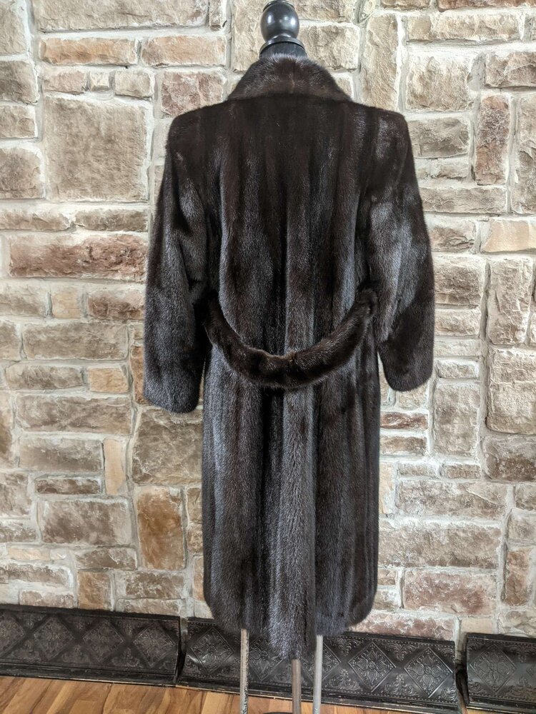 Very Dark Brown Ranch Mink Coat With Notched Lapel and Half Belt, Size M