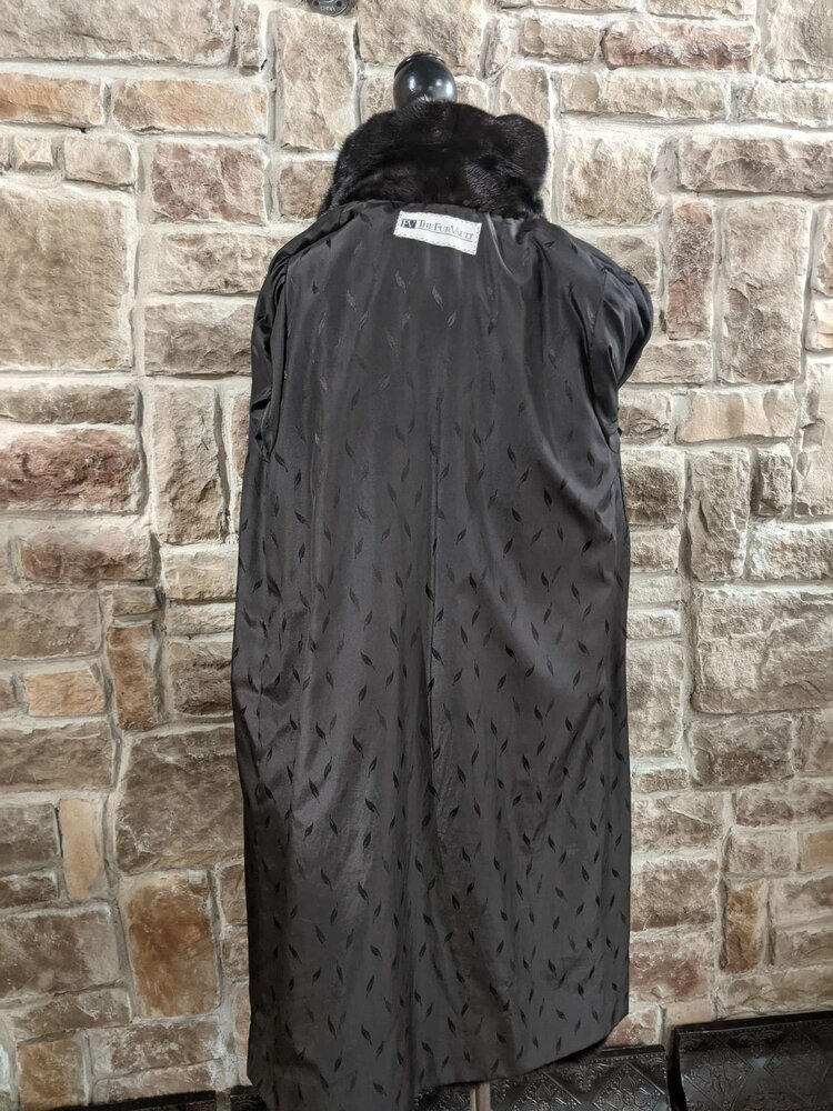 Very Dark Brown Ranch Mink Coat With Notched Lapel and Half Belt, Size M