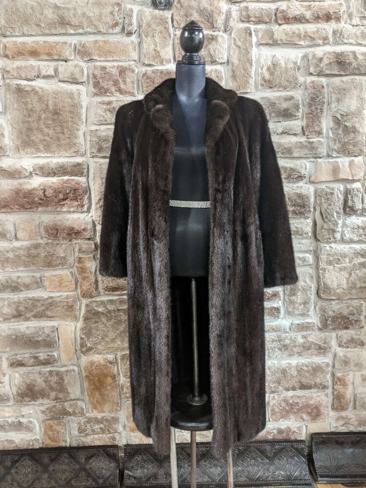 Very Dark Brown Ranch Mink Coat With Notched Lapel and Half Belt, Size M
