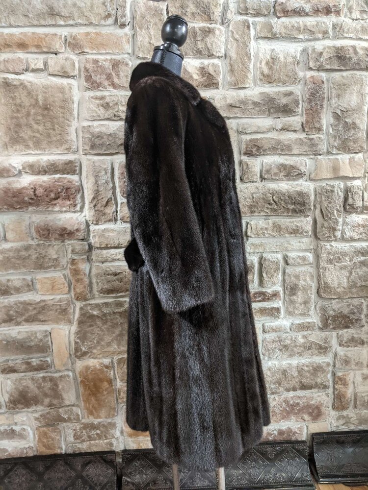 Very Dark Brown Ranch Mink Coat With Notched Lapel and Half Belt, Size M