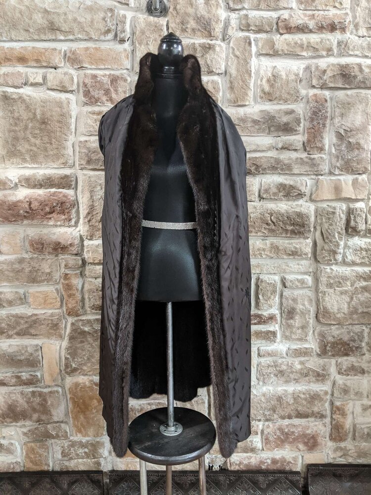 Very Dark Brown Ranch Mink Coat With Notched Lapel and Half Belt, Size M