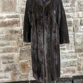 Very Dark Brown Ranch Mink Coat With Notched Lapel and Half Belt, Size M