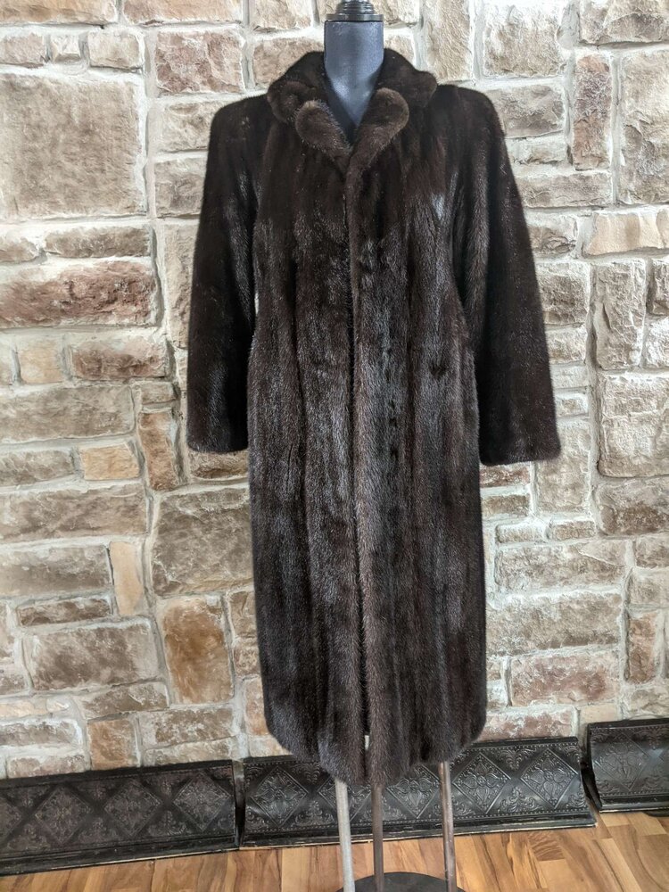 Very Dark Brown Ranch Mink Coat With Notched Lapel and Half Belt, Size M