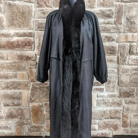 Black Fabric Trench Coat With Detachable Rabbit Liner, Size L