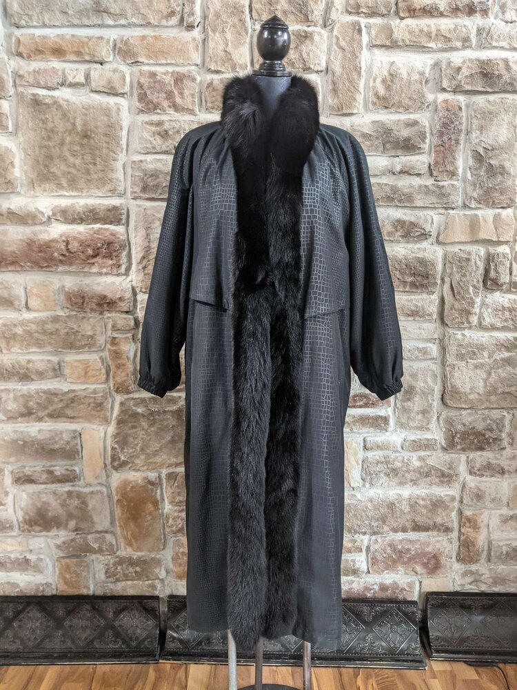 Black Fabric Trench Coat With Detachable Rabbit Liner, Size L