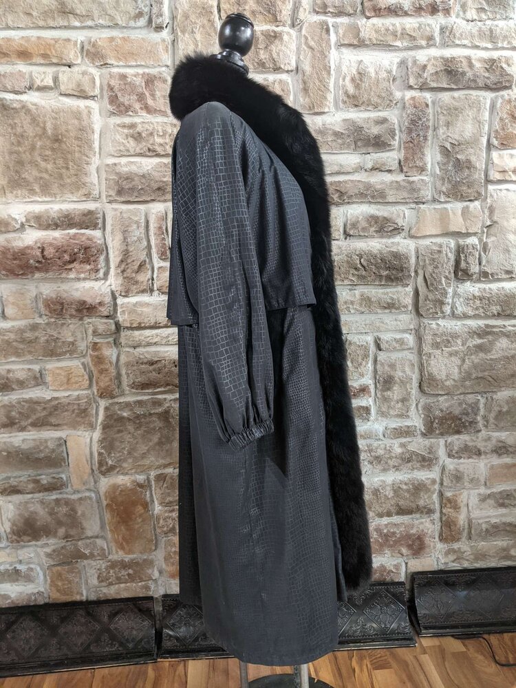 Black Fabric Trench Coat With Detachable Rabbit Liner, Size L