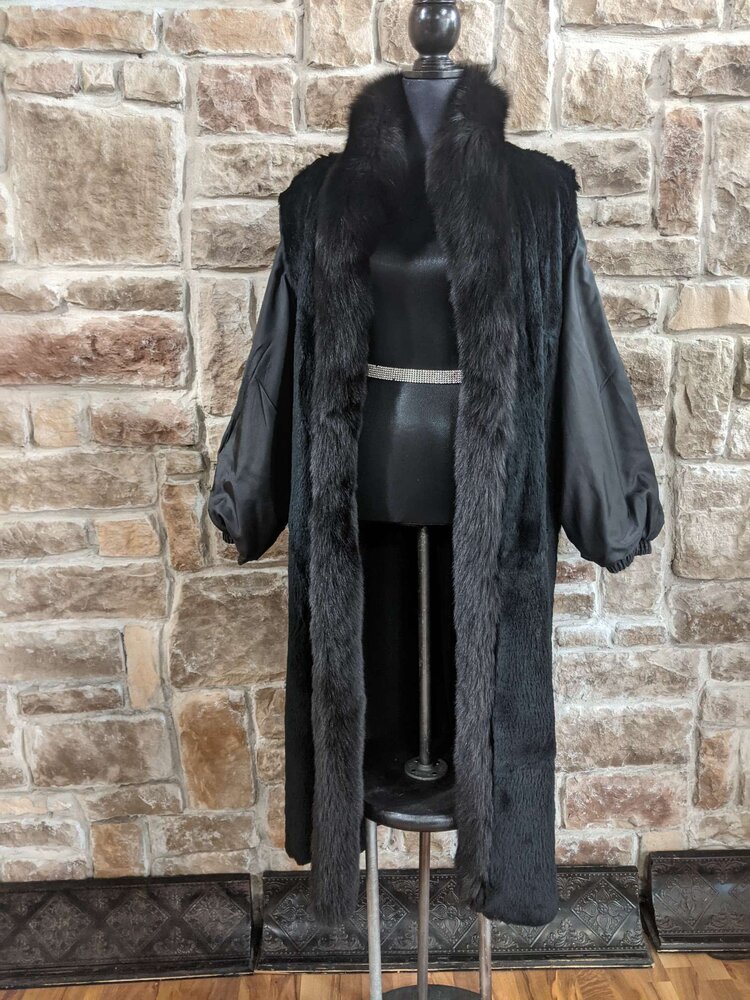 Black Fabric Trench Coat With Detachable Rabbit Liner, Size L