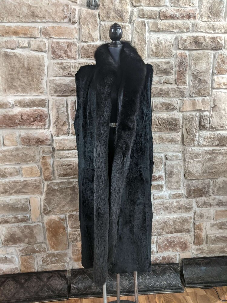 Black Fabric Trench Coat With Detachable Rabbit Liner, Size L