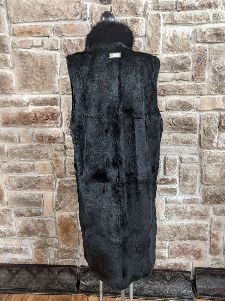 Black Fabric Trench Coat With Detachable Rabbit Liner, Size L