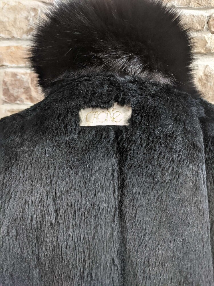 Black Fabric Trench Coat With Detachable Rabbit Liner, Size L