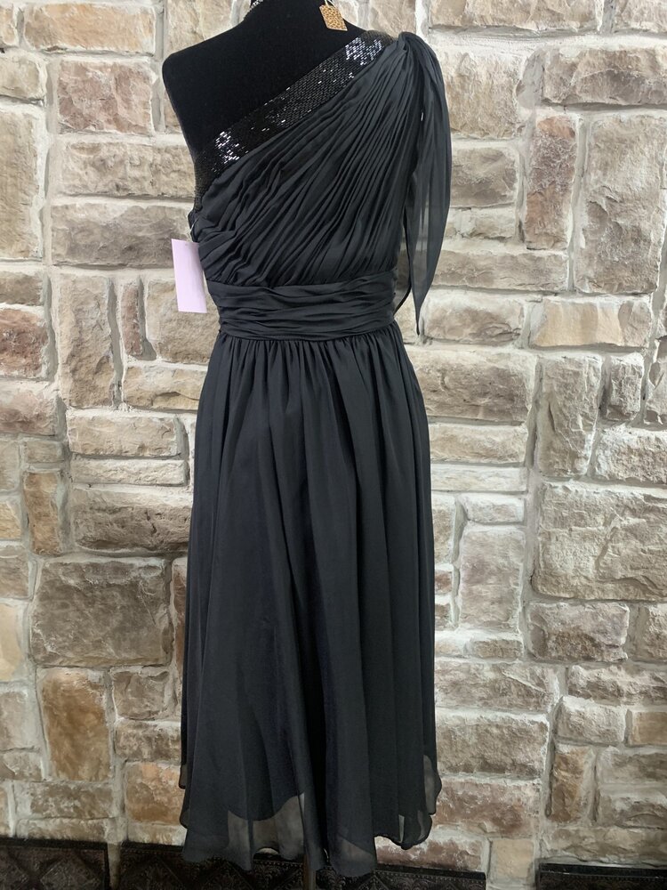 Badgley Mischka Black Chiffon One Shoulder Dress with Beading, Size 2