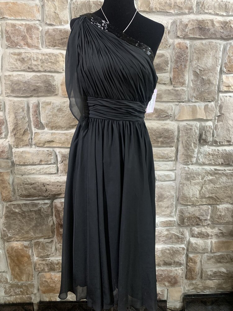 Badgley Mischka Black Chiffon One Shoulder Dress with Beading, Size 2