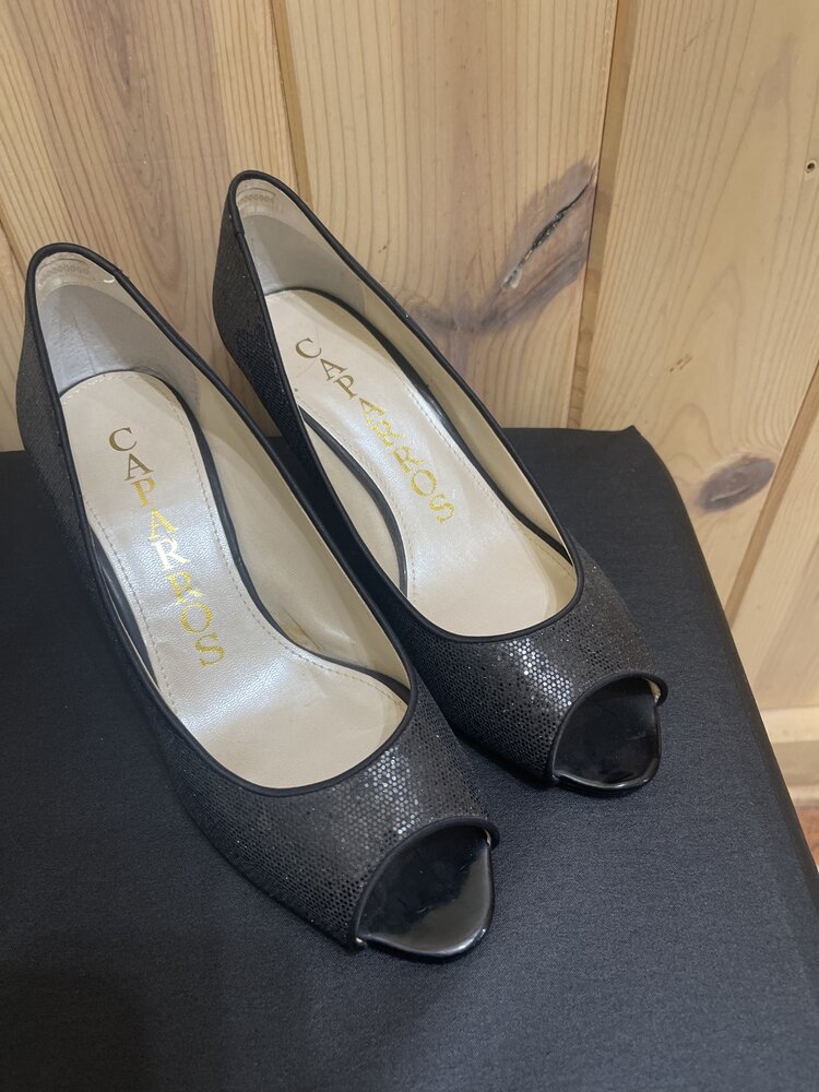 Caparros Black Sparkle Open Toe Pumps, Size 10