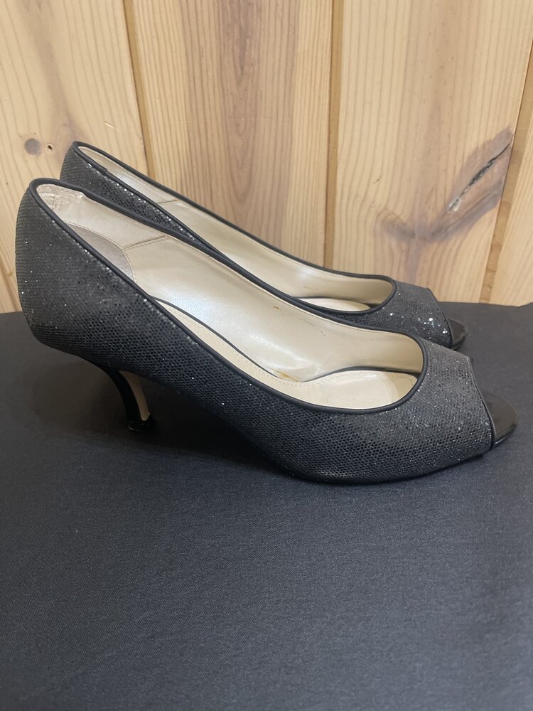 Caparros Black Sparkle Open Toe Pumps, Size 10