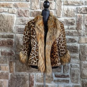 Faux Red Fox Collar with Leopard Pattern Jacket, Size S/M