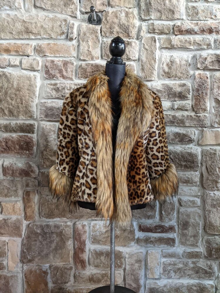 Faux Red Fox Collar with Leopard Pattern Jacket, Size S/M