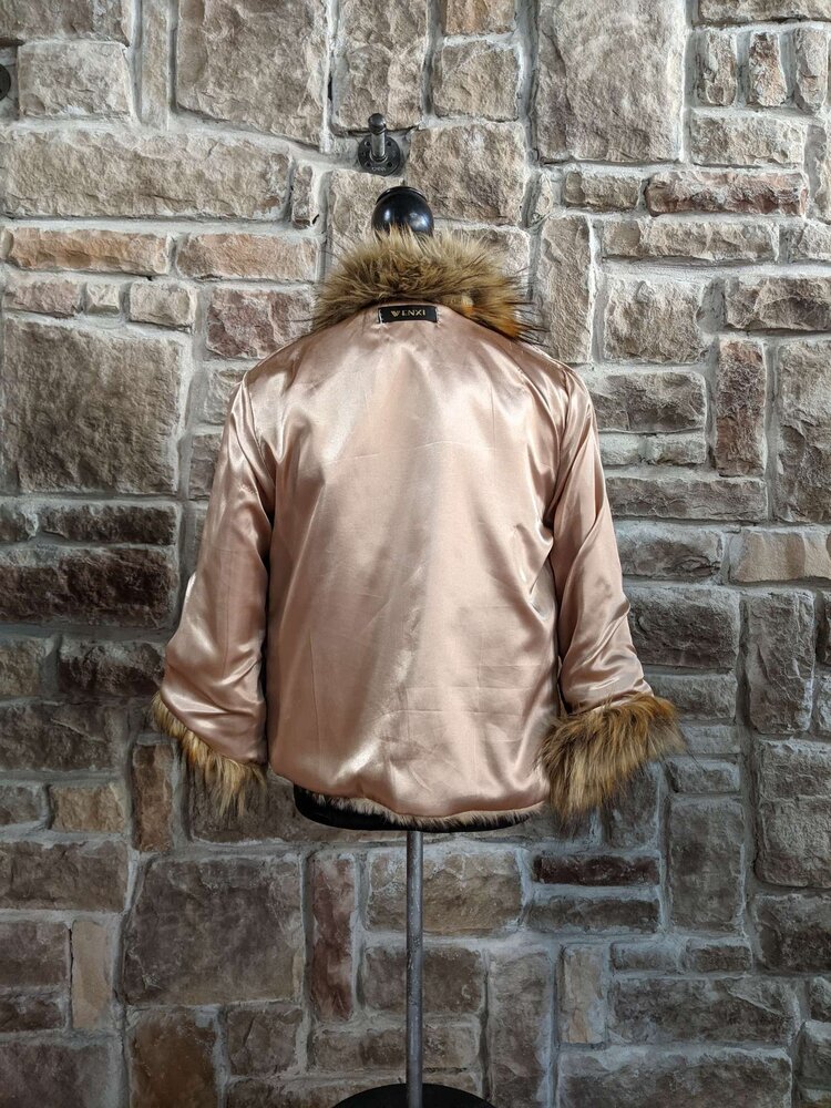 Faux Red Fox Collar with Leopard Pattern Jacket, Size S/M