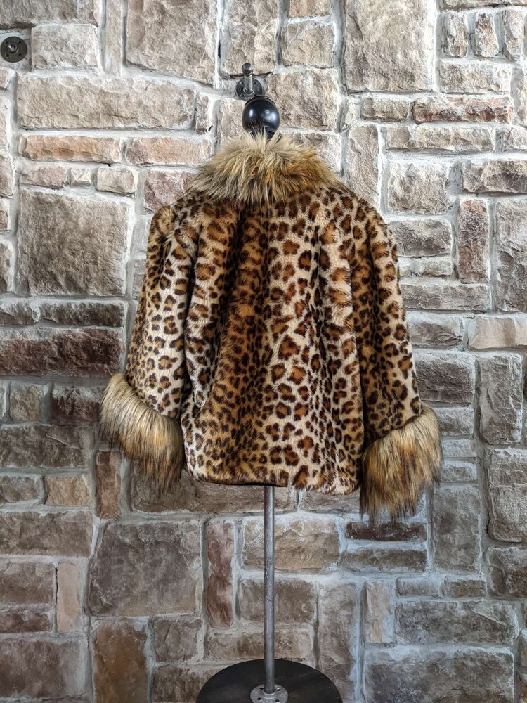 Faux Red Fox Collar with Leopard Pattern Jacket, Size S/M