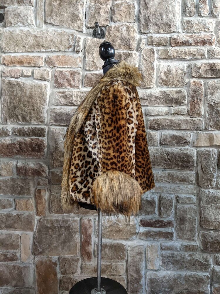 Faux Red Fox Collar with Leopard Pattern Jacket, Size S/M