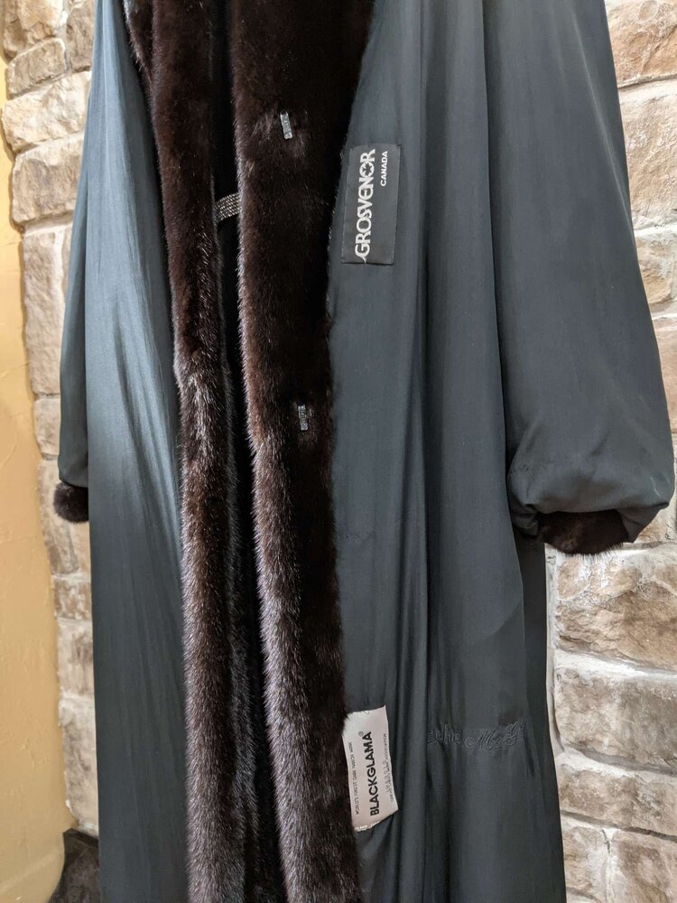Very Dark Ranch Mink Long Coat with Shawl Collar, Size L