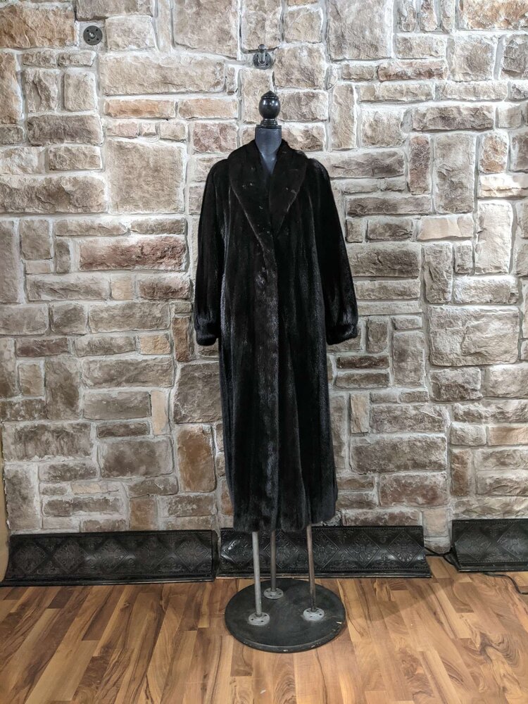 Very Dark Ranch Mink Long Coat with Shawl Collar, Size L