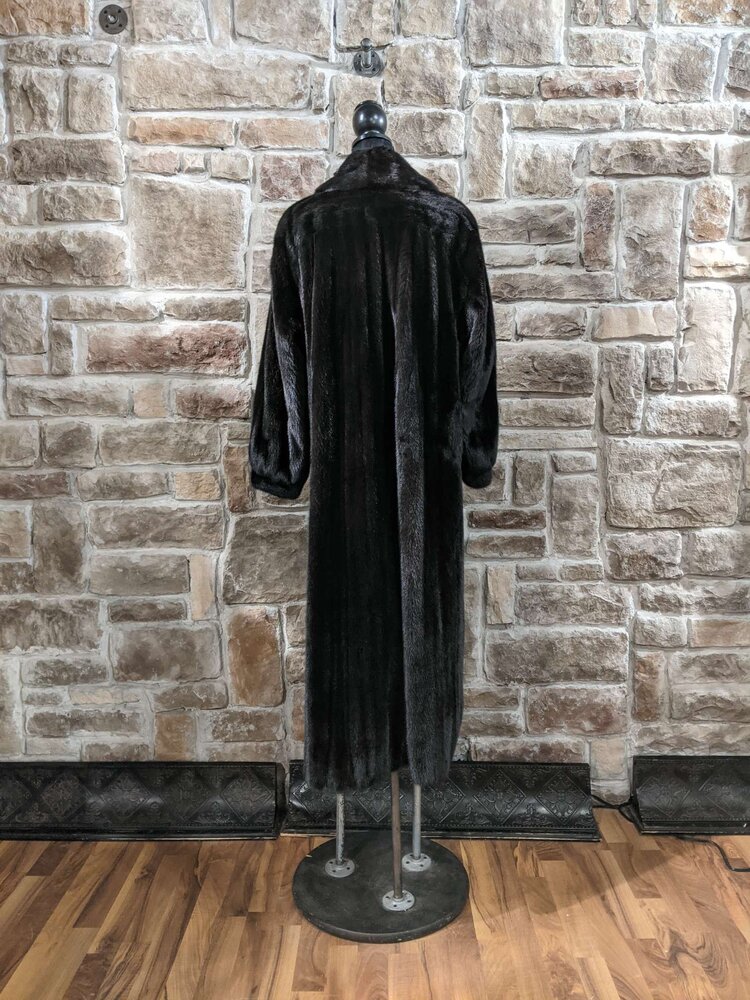 Very Dark Ranch Mink Long Coat with Shawl Collar, Size L