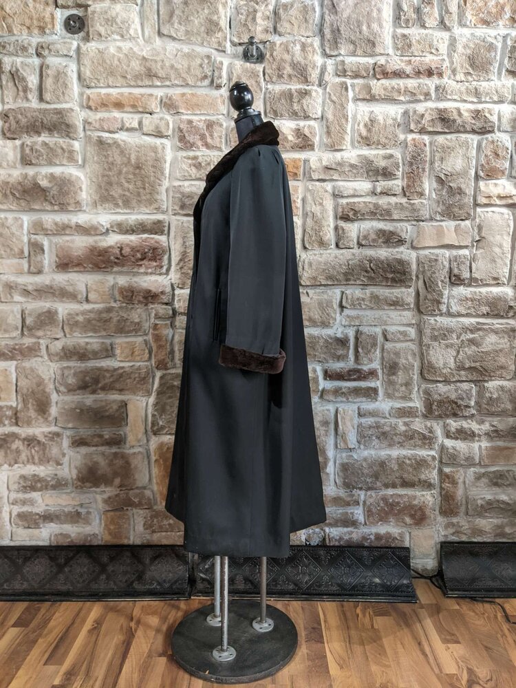 Black Cloth Long Coat With Dark Ranch Mink Trim and Lining
