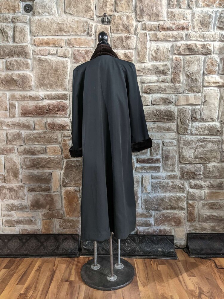 Black Cloth Long Coat With Dark Ranch Mink Trim and Lining