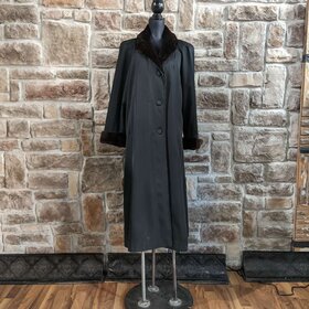 Black Cloth Long Coat With Dark Ranch Mink Trim and Lining