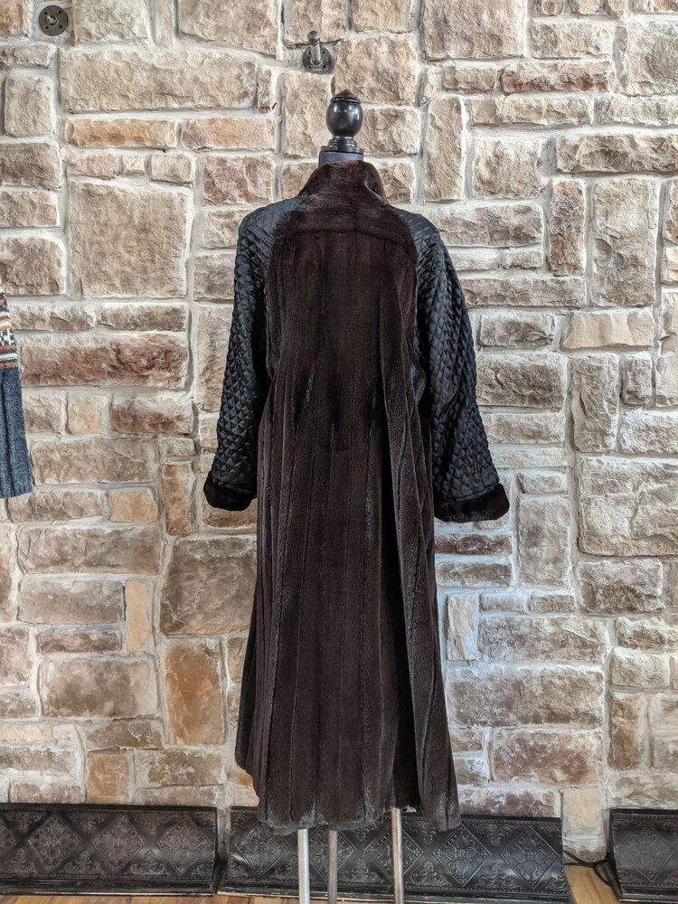Black Cloth Long Coat With Dark Ranch Mink Trim and Lining