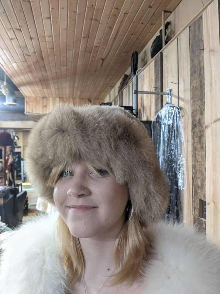 Tan Knitted Rabbit Hat with Fox Fur Trim, O/S