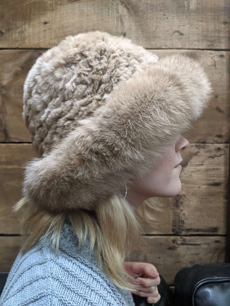 Tan Knitted Rabbit Hat with Fox Fur Trim, O/S