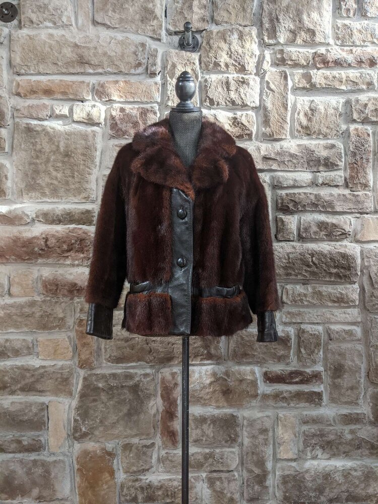 Mahogany Mink Jacket with Leather Trim, Size S
